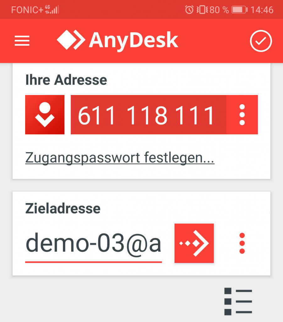Der AnyDesk-Startbildschirm mit Ihrer Adresse in Android