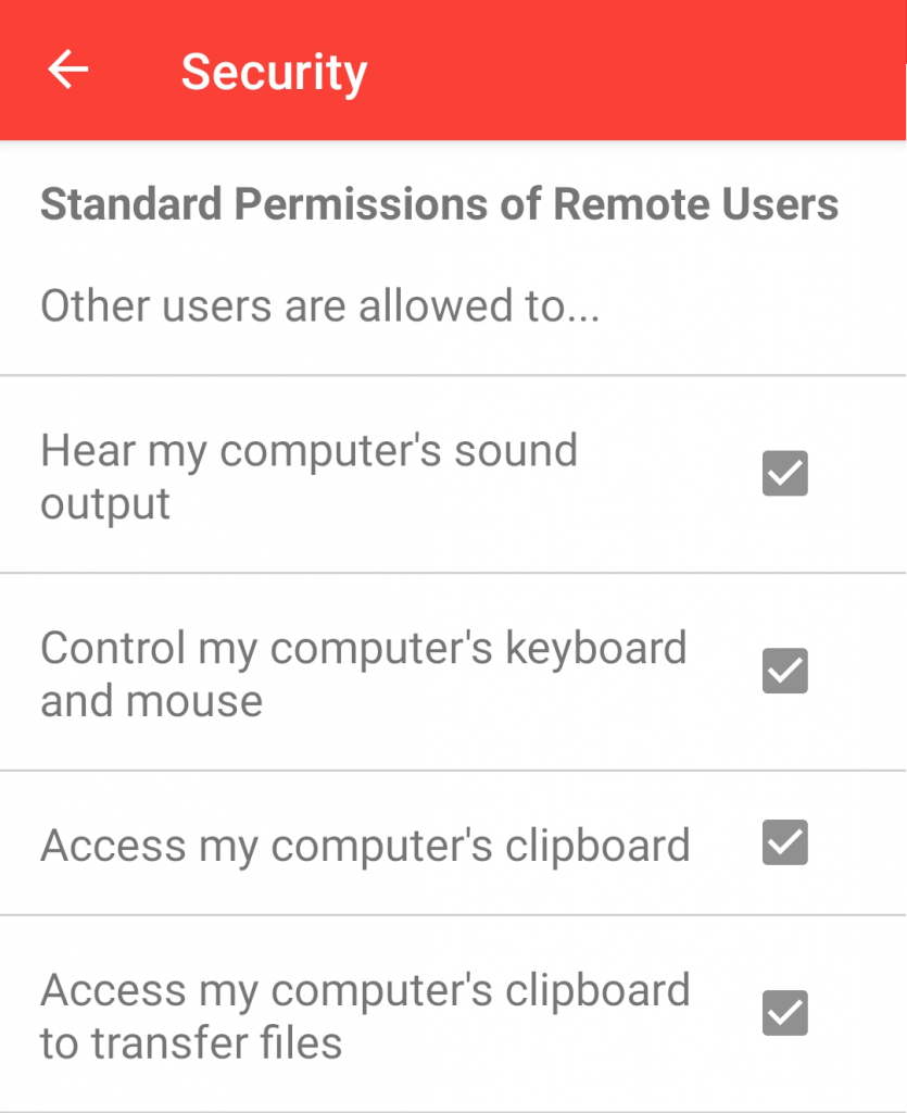 The AnyDesk permissions in the security settings on Android.