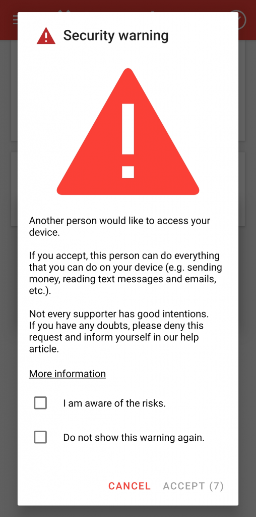 The AnyDesk security warning on Android.